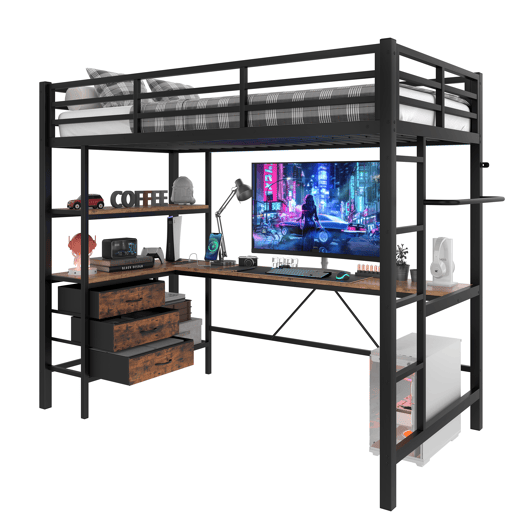 Beliche alto 90x200cm - Com luzes LED, secretária, tomada + USB, 3 gavetas, prateleiras, grade, escada - Preto