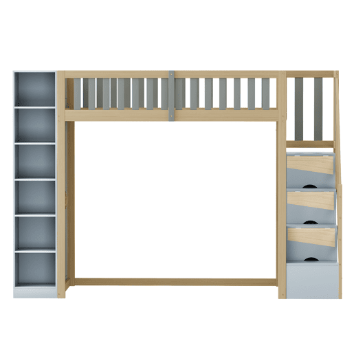 Cama alta multifuncional 90x200 cm - Com prateleiras, armário e escada de segurança - Cinza + Madeira natural Cama alta multifuncional 90x200 cm - Com prateleiras, armário e escada de segurança - Cinza + Madeira natural