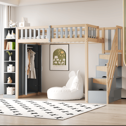 Cama alta multifuncional 90x200 cm - Com prateleiras, armário e escada de segurança - Cinza + Madeira natural Cama alta multifuncional 90x200 cm - Com prateleiras, armário e escada de segurança - Cinza + Madeira natural