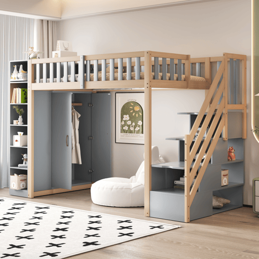 Cama alta multifuncional 90x200 cm - Com prateleiras, armário e escada de segurança - Cinza + Madeira natural Cama alta multifuncional 90x200 cm - Com prateleiras, armário e escada de segurança - Cinza + Madeira natural
