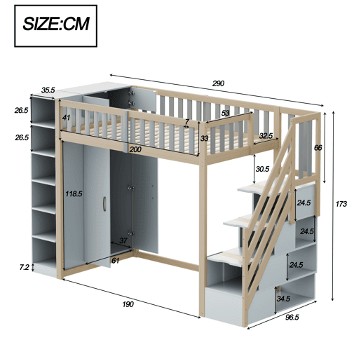 Cama alta multifuncional 90x200 cm - Com prateleiras, armário e escada de segurança - Cinza + Madeira natural Cama alta multifuncional 90x200 cm - Com prateleiras, armário e escada de segurança - Cinza + Madeira natural
