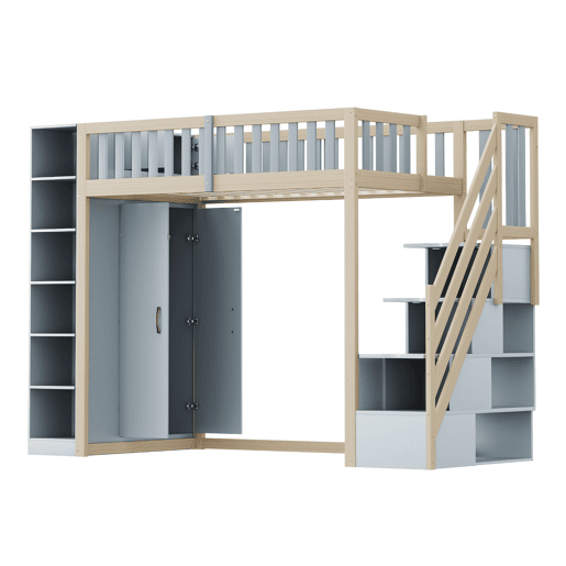 Cama alta multifuncional 90x200 cm - Com prateleiras, armário e escada de segurança - Cinza + Madeira natural Cama alta multifuncional 90x200 cm - Com prateleiras, armário e escada de segurança - Cinza + Madeira natural