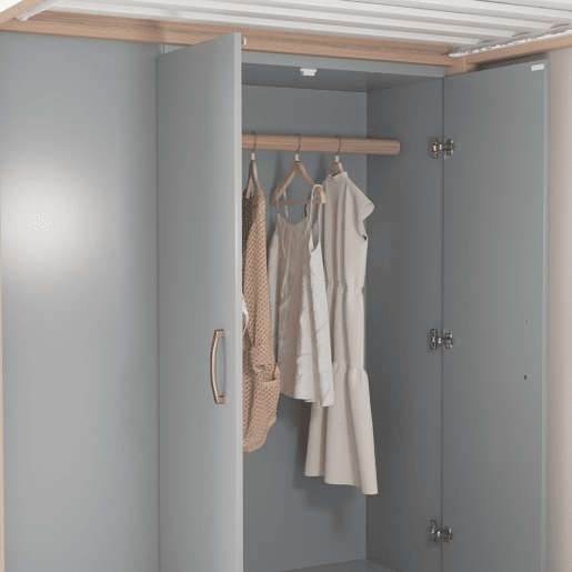 Cama alta multifuncional 90x200 cm - Com prateleiras, armário e escada de segurança - Cinza + Madeira natural Cama alta multifuncional 90x200 cm - Com prateleiras, armário e escada de segurança - Cinza + Madeira natural