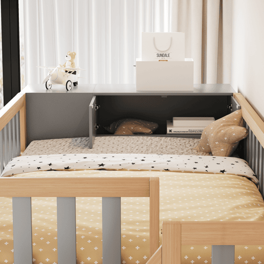 Cama alta multifuncional 90x200 cm - Com prateleiras, armário e escada de segurança - Cinza + Madeira natural Cama alta multifuncional 90x200 cm - Com prateleiras, armário e escada de segurança - Cinza + Madeira natural