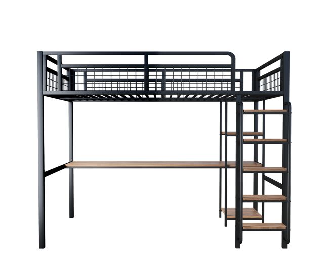 Cama alta de metal 140x200 cm - con escritorio y escalera de seguridad - negro