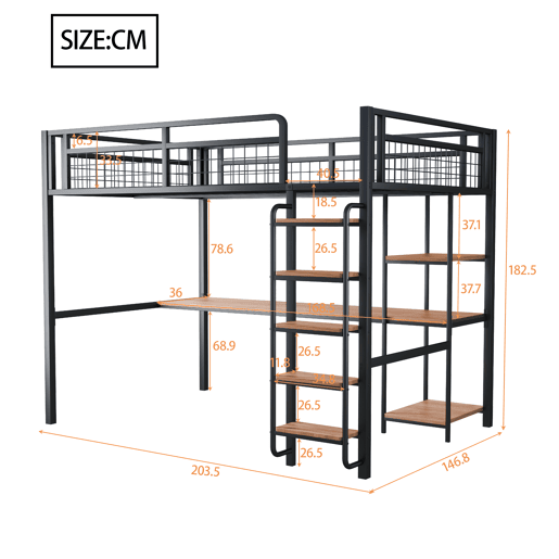 Cama alta metálica 140x200 cm - com secretária e escada de segurança - Preto