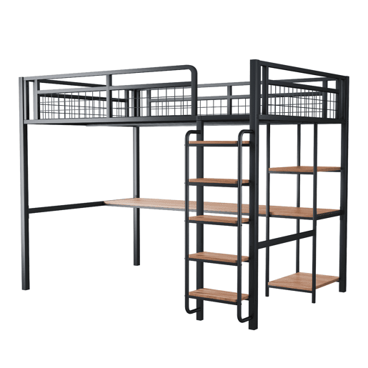 Cama alta metálica 140x200 cm - com secretária e escada de segurança - Preto