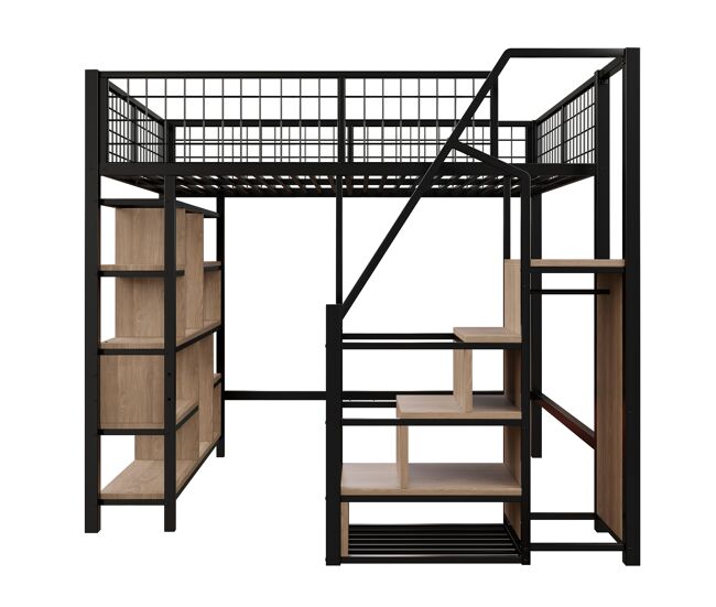 Cama alta multifuncional 140x200 cm - con almacenamiento, estantes y escalera - color negro
