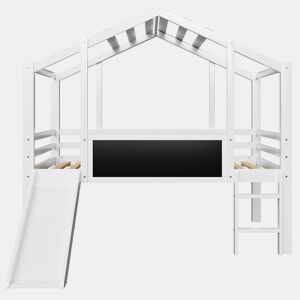 Cama infantil 90 x 200 cm - Design tipo loft com escada e escorregador de segurança, com quadro negro, cama multifuncional, madeira maciça, branca