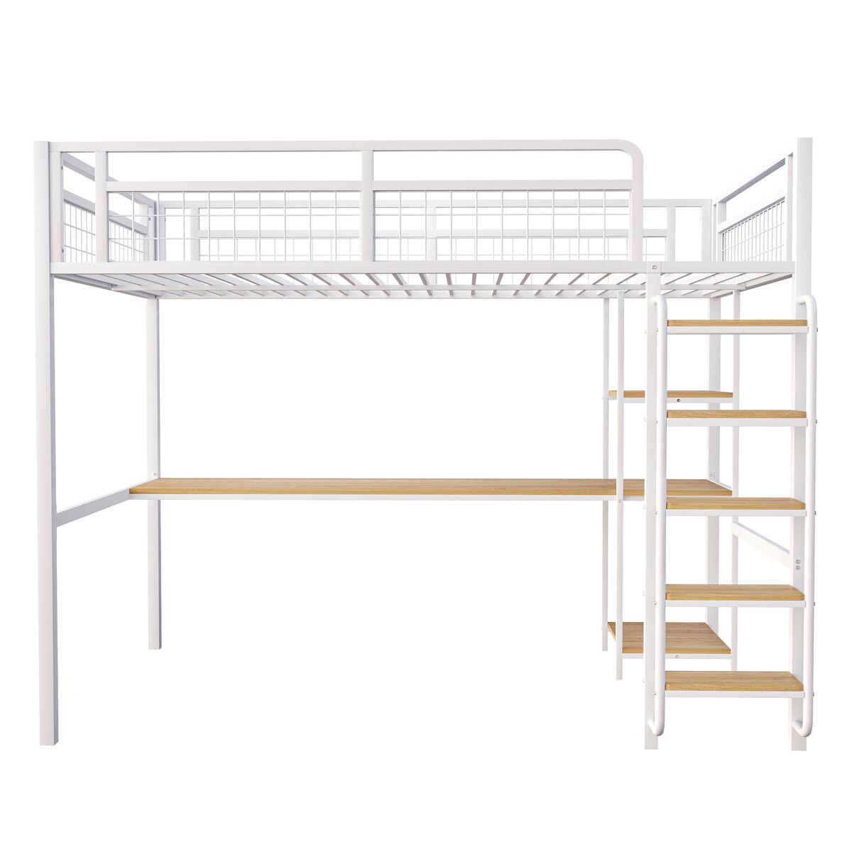 Cama alta de metal 140x200 cm - con escritorio y escalera de seguridad - blanco