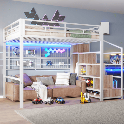 Cama alta 140x200cm - Estrutura metálica, armário, escada com arrumação, grelha para pendurar objetos, espaço livre por baixo, luzes LED multicoloridas - Branco