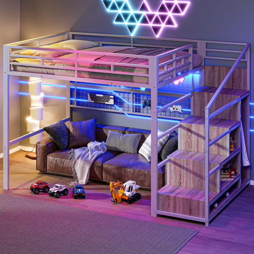 Cama alta 140x200cm - Estrutura metálica, armário, escada com arrumação, grelha para pendurar objetos, espaço livre por baixo, luzes LED multicoloridas - Branco