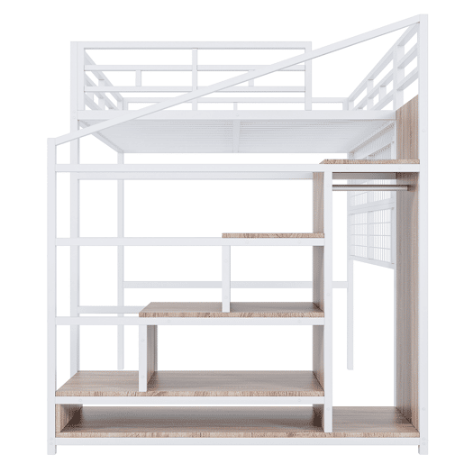 Cama alta 140x200cm - Estrutura metálica, armário, escada com arrumação, grelha para pendurar objetos, espaço livre por baixo, luzes LED multicoloridas - Branco