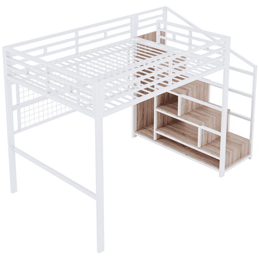 Cama alta 140x200cm - Estrutura metálica, armário, escada com arrumação, grelha para pendurar objetos, espaço livre por baixo, luzes LED multicoloridas - Branco
