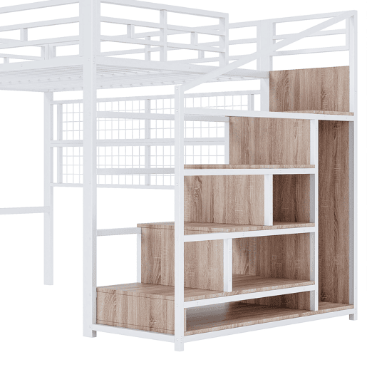Cama alta 140x200cm - Estrutura metálica, armário, escada com arrumação, grelha para pendurar objetos, espaço livre por baixo, luzes LED multicoloridas - Branco