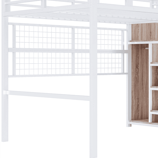 Cama alta 140x200cm - Estrutura metálica, armário, escada com arrumação, grelha para pendurar objetos, espaço livre por baixo, luzes LED multicoloridas - Branco