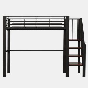 Cama alta de metal 90 x 200 cm - estrutura estável com amplo espaço de arrumação debaixo da cama e escada, ideal para crianças e adultos - preto