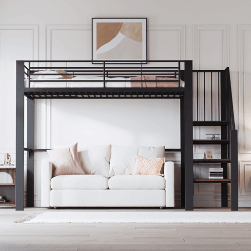 Cama alta de metal 90 x 200 cm - estrutura estável com amplo espaço de arrumação debaixo da cama e escada, ideal para crianças e adultos - preto