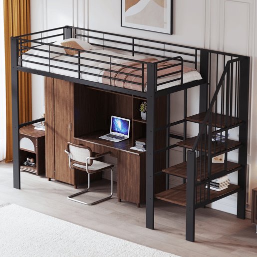 Cama alta de metal 90 x 200 cm - estrutura estável com amplo espaço de arrumação debaixo da cama e escada, ideal para crianças e adultos - preto