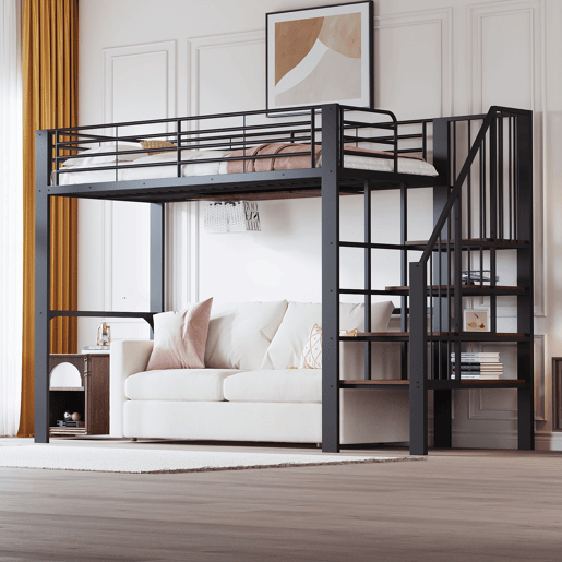 Cama alta de metal 90 x 200 cm - estrutura estável com amplo espaço de arrumação debaixo da cama e escada, ideal para crianças e adultos - preto
