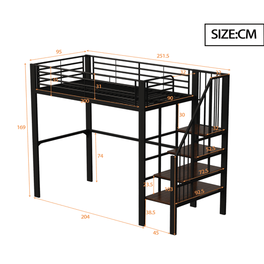 Cama alta de metal 90 x 200 cm - estrutura estável com amplo espaço de arrumação debaixo da cama e escada, ideal para crianças e adultos - preto