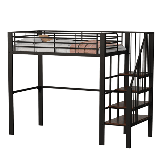 Cama alta de metal 90 x 200 cm - estrutura estável com amplo espaço de arrumação debaixo da cama e escada, ideal para crianças e adultos - preto