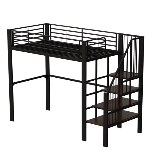 Cama alta de metal 90 x 200 cm - estrutura estável com amplo espaço de arrumação debaixo da cama e escada, ideal para crianças e adultos - preto