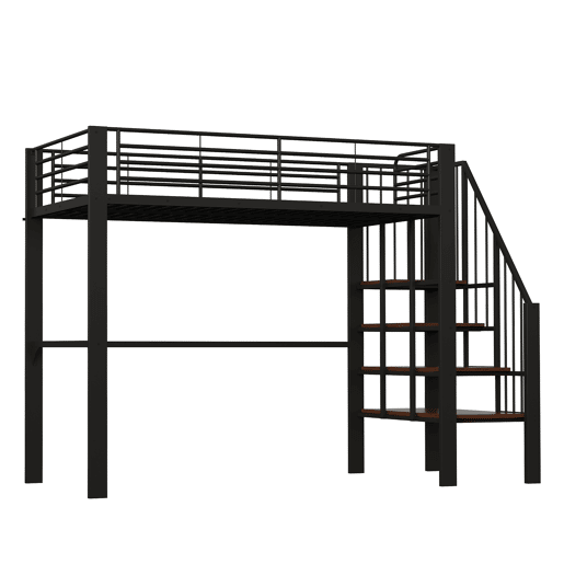 Cama alta de metal 90 x 200 cm - estrutura estável com amplo espaço de arrumação debaixo da cama e escada, ideal para crianças e adultos - preto