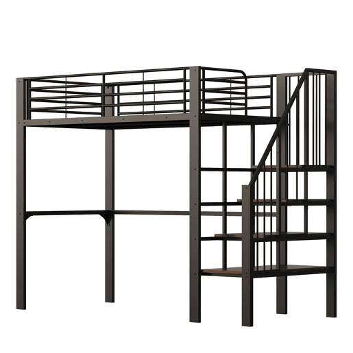 Cama alta de metal 90 x 200 cm - estrutura estável com amplo espaço de arrumação debaixo da cama e escada, ideal para crianças e adultos - preto