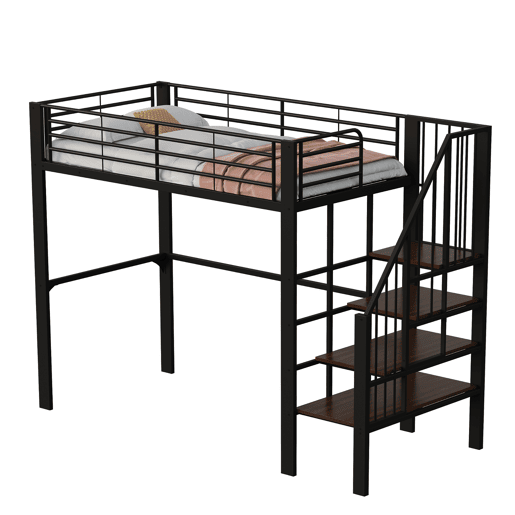 Cama alta de metal 90 x 200 cm - estrutura estável com amplo espaço de arrumação debaixo da cama e escada, ideal para crianças e adultos - preto