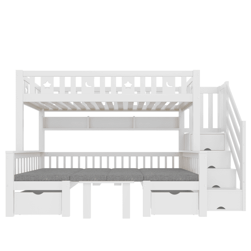 Cama alta multifuncional 90x200 cm - cama e secretária 2 em 1, escada com arrumação, corrimão decorativo com estrelas e lua - branco