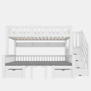 Cama alta multifuncional 90x200 cm - cama e secretária 2 em 1, escada com arrumação, corrimão decorativo com estrelas e lua - branco