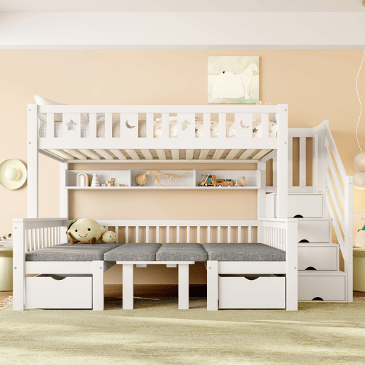 Cama alta multifuncional 90x200 cm - cama e secretária 2 em 1, escada com arrumação, corrimão decorativo com estrelas e lua - branco