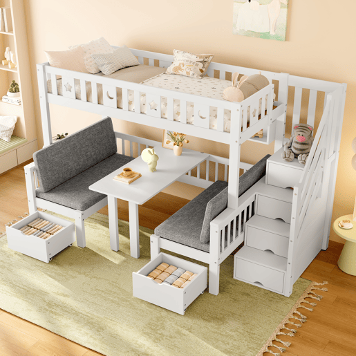 Cama alta multifuncional 90x200 cm - cama e secretária 2 em 1, escada com arrumação, corrimão decorativo com estrelas e lua - branco