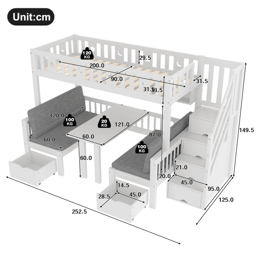 Cama alta multifuncional 90x200 cm - cama e secretária 2 em 1, escada com arrumação, corrimão decorativo com estrelas e lua - branco