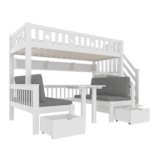 Cama alta multifuncional 90x200 cm - cama e secretária 2 em 1, escada com arrumação, corrimão decorativo com estrelas e lua - branco