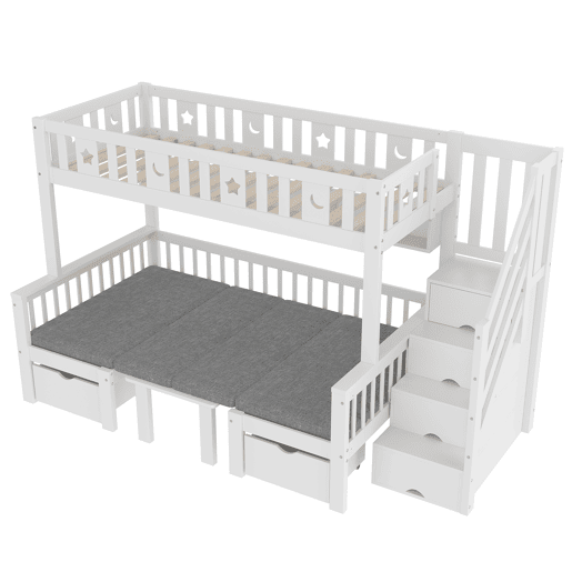 Cama alta multifuncional 90x200 cm - cama e secretária 2 em 1, escada com arrumação, corrimão decorativo com estrelas e lua - branco