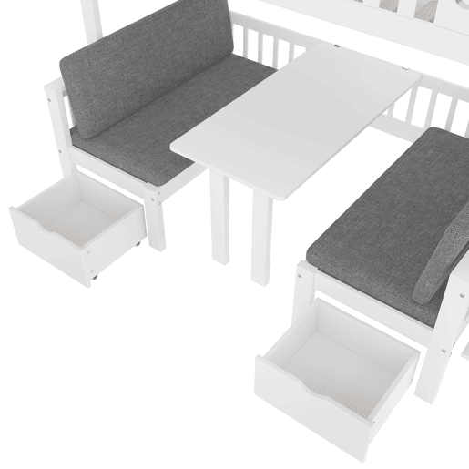 Cama alta multifuncional 90x200 cm - cama e secretária 2 em 1, escada com arrumação, corrimão decorativo com estrelas e lua - branco