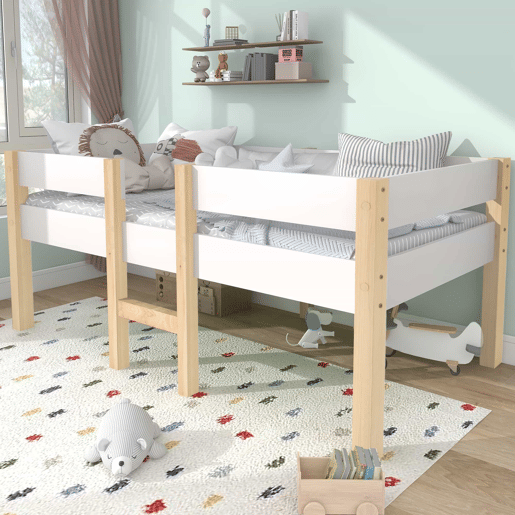Cama alta com grades de proteção - madeira maciça de pinho - 90x190 cm - Branco