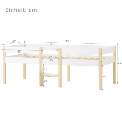 Cama alta com grades de proteção - madeira maciça de pinho - 90x190 cm - Branco