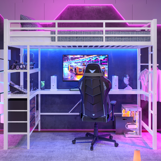 Cama alta 90x200cm - Com LED, secretária, tomada + USB, 3 gavetas, prateleiras, grade, escada, sem colchão - Branco Cama alta 90x200cm - Com LED, secretária, tomada + USB, 3 gavetas, prateleiras, grade, escada, sem colchão - Branco
