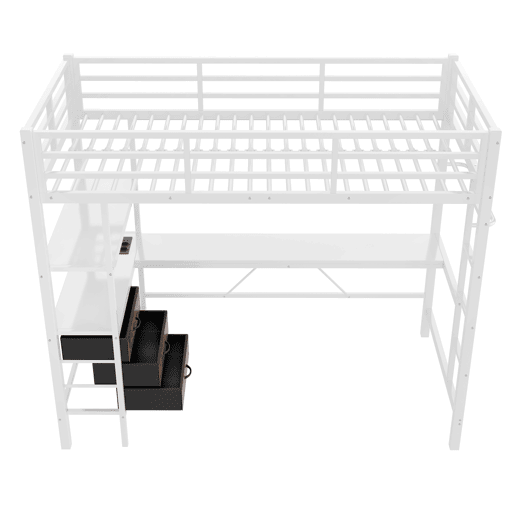 Cama alta 90x200cm - Com LED, secretária, tomada + USB, 3 gavetas, prateleiras, grade, escada, sem colchão - Branco Cama alta 90x200cm - Com LED, secretária, tomada + USB, 3 gavetas, prateleiras, grade, escada, sem colchão - Branco
