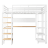 Cama alta metálica 90x200 cm - secretária com tomada CEE, iluminação LED multicolorida, várias prateleiras, escada vertical, pequena estante, painel metálico perfurado - branco
