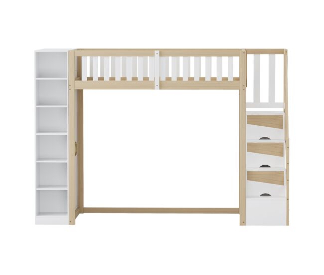 Cama alta multifuncional 90x200 cm - con estantes, armario y escalera de seguridad - blanco + madera natural