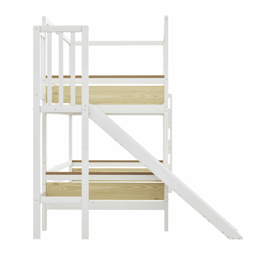 Cama de beliche infantil 90 x 200 cm - estrutura em forma de casa com escorrega, grades de segurança com desenho de bolacha e escada extra larga - madeira natural, branco Cama de beliche infantil 90 x 200 cm - estrutura em forma de casa com escorrega, grades de segurança com desenho de bolacha e escada extra larga - madeira natural, branco