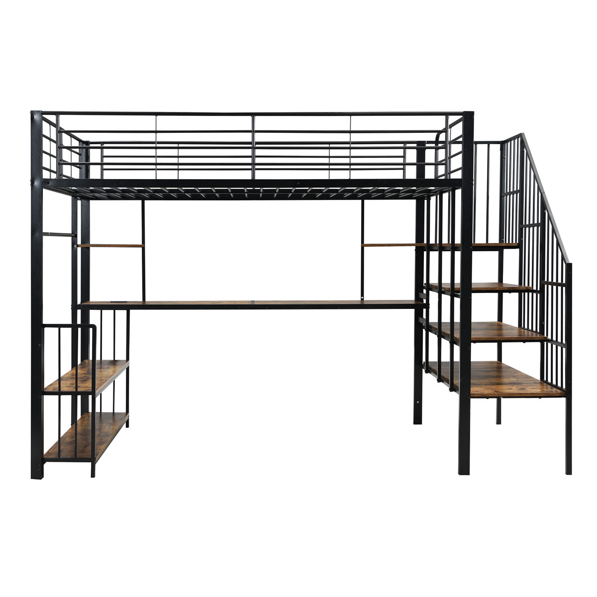 Cama loft 120x200cm - escalera lateral con barandilla, puerto de carga, percheros, estante, protección contra vuelcos - negro + nogal oscuro