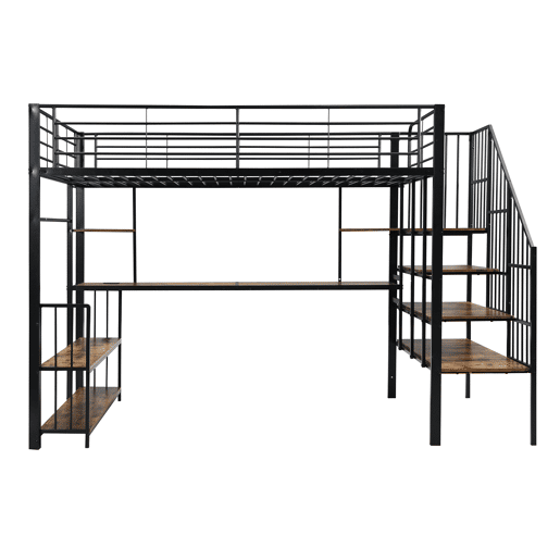 Cama loft 120x200cm - Escada lateral com corrimão, porta de carga, cabides, prateleira, proteção contra tombamento - Preto + Nogueira Escura