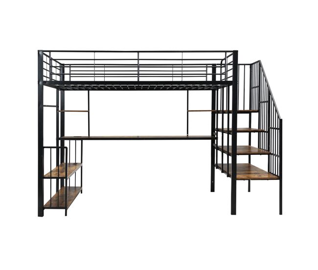 Cama loft 120x200cm - escalera lateral con barandilla, puerto de carga, percheros, estante, protección contra vuelcos - negro + nogal oscuro