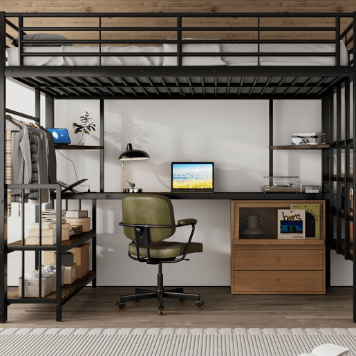 Cama loft 120x200cm - Escada lateral com corrimão, porta de carga, cabides, prateleira, proteção contra tombamento - Preto + Nogueira Escura