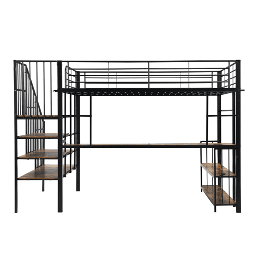 Cama loft 120x200cm - Escada lateral com corrimão, porta de carga, cabides, prateleira, proteção contra tombamento - Preto + Nogueira Escura